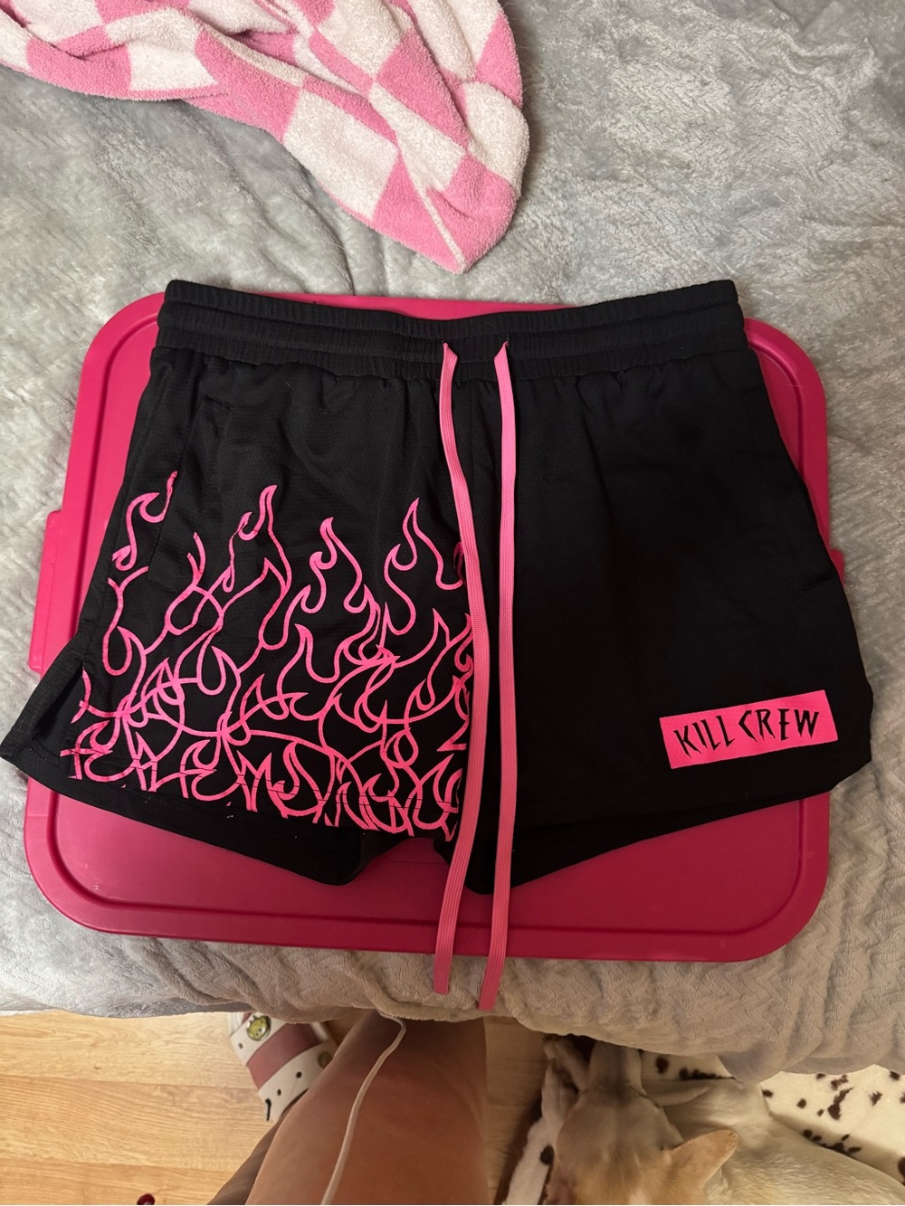 Kill Crew Black Shorts with Pink Flame Design